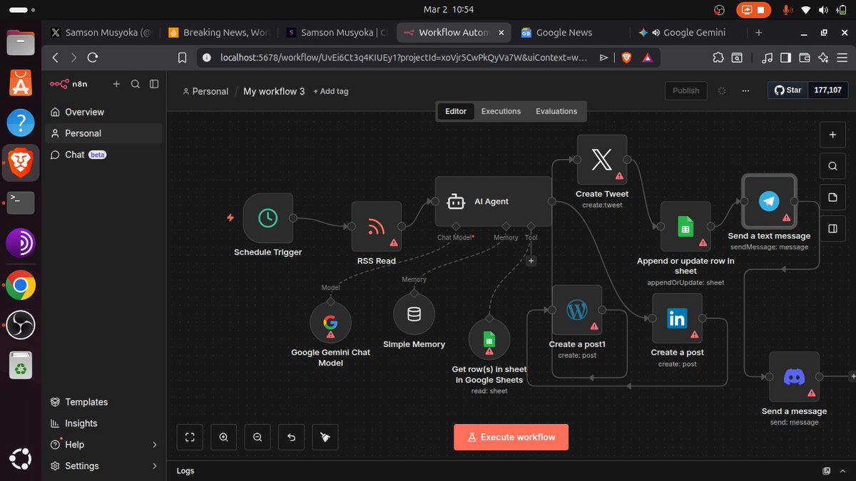 skmusyoka_'s tweet photo. -Here’s an 8-minute n8n automation tutorial that will save you hours of news research.

-This AI agent collects news from specific websites on a schedule to avoid X (Twitter) ban or suspension triggers.

-You can automate news posting on X (Twitter), your WordPress website, LinkedIn, and more.

-After a successful post, the agent sends you a message on Telegram or Discord saying, “Hi, it was sent.”

No need to watch Al Jazeera all day to know what’s happening in the Middle East, Iran, Israel, or the USA—you can now automate everything and post on autopilot.