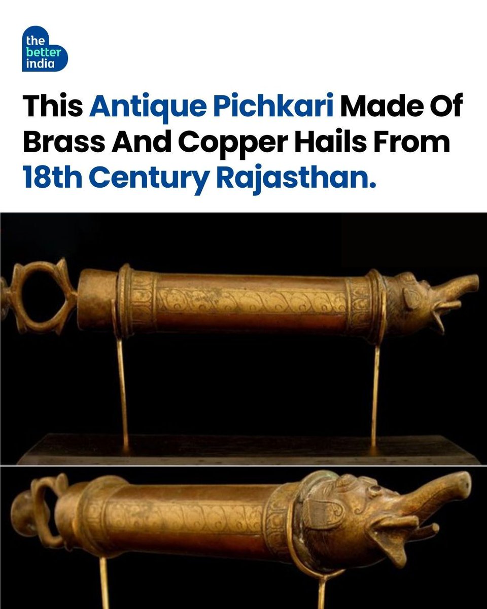 thebetterindia's tweet photo. Before plastic colours and water guns, Holi was played with hand-crafted pichkaris!

This 18th-century pichkari from Rajasthan, made in brass and copper, was filled with natural colours or fragrant coloured water and pressed by hand to send bright streams across courtyards and festive gatherings.

The weight of the metal, the cool touch, the force of the spray — it turned play into an experience.

But it meant more than celebration.

Owned by noble families, crafted by local metalworkers, and preserved for decades, it carried the idea that festivals were not for a day — they were for generations, inherited, shared and remembered.

Do you have any object in your home that carries history like this? Tell us in the comments!

#HappyHoli #Holi #FestivalOfColours #Rajasthan #Pichkari

[Pichkari, Happy Holi, Indian Festival, History of India, Holika Dahan]