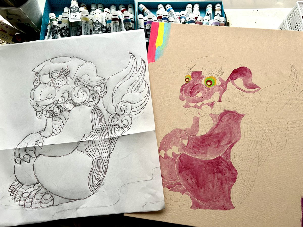 オマージュ北斎・2』に出品する、河童狛犬の絵画をペソペソ制作中だよ 