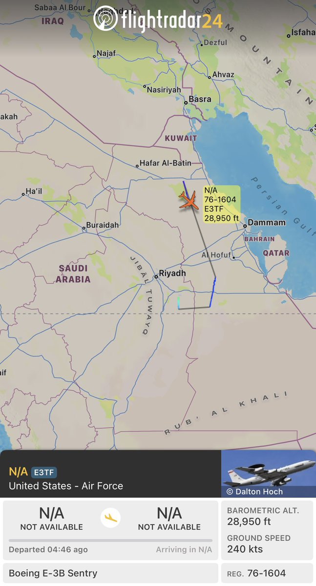 ArmchairAdml's tweet photo. #USAF United States Air Force - Middle East Activity
2 March - 0806z
Boeing E-3 Sentry 1x
#AE11DB 76-1604 - Unknown C/S
An E-3 sentry returning to Prince Sultan Air Base in Saudi Arabia this morning.
@MATA_osint @flightradar24 @JetPhotos https://t.co/Bssvz1JjnG