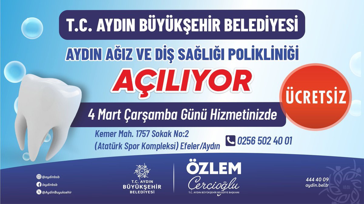 OZLEM_CERCIOGLU's tweet photo. Söz verdik yaptık! ✅

Vatandaşlarımızın ağız ve diş sağlığı hizmetine ulaşımını daha konforlu hale getiriyoruz. Aydın Ağız ve Diş Sağlığı Polikliniğimiz; diş çekimi, dolgu, kanal tedavisi gibi pek çok farklı konuda uzman kadrosuyla ücretsiz bir şekilde hizmet verecek.

4 Mart Çarşamba gününden itibaren hizmete başlayacak olan Aydın Ağız ve Diş Sağlığı Polikliniğimiz şimdiden Aydınımıza hayırlı, uğurlu olsun. 🧿 

Her alanda olduğu gibi, sağlık alanında da vatandaşlarımızın yanında olmaya devam edeceğiz.