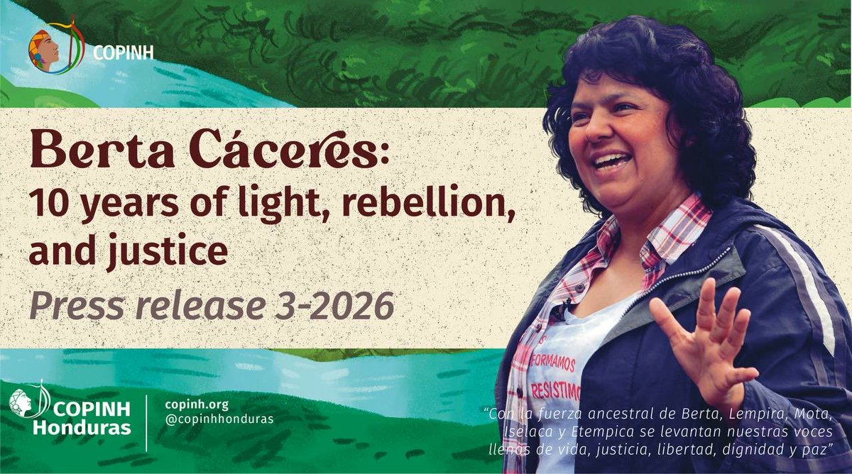 ViaCampesinaBE's tweet photo. ༄ Berta Cáceres 2016-2026 ༄
10 Years of Light, Rebellion, and Justice
@COPINHHONDURAS @BerthaZuniga1
Press Release 01/03/2026:
✊🏽 https://t.co/EcN6znfOkr
#BertaCáceres #JusticeForBerta
#BertaVive #JusticeForBertaCáceres
#Land #Water #UNDRIP #UNDROP @via_campesina @AlexisDeswaef https://t.co/JNwh04v0Vg