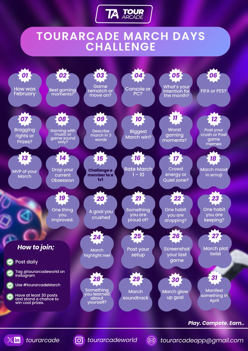 tourarcade's tweet photo. 31 days.
31 prompts.
One challenge. 🎮🔥

The Tour Arcade March Days Challenge is LIVE 💜

Are you consistent or are you just scrolling? 👀

#TourArcadeMarch #CampusGaming #Lasu #unilag #lagos #Nigeria https://t.co/k4KxCiOlMM