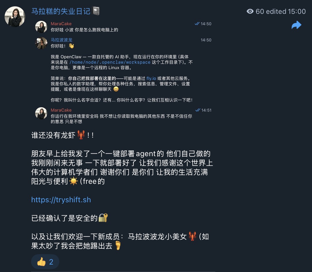 从来没有动手安装龙虾的我 终于被喂饭一键部署了🦞

免费的 安全的 云端的 舒适的

tryshift.sh

🔗：t.me/+7e0a8hs5peBiM…