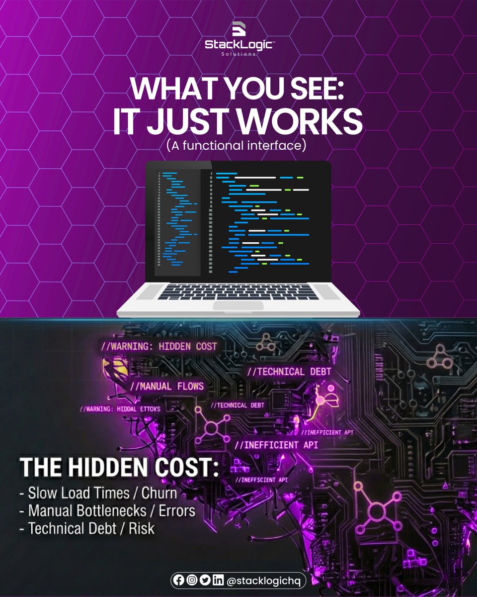 Stacklogichq's tweet photo. "It just works" is the most expensive phrase in business tech. 
A "fine" website that is slow or manual is a liability, not an asset.
At #StackLogicHQ, we move you from "Functional" to "Optimal."
Don't wait for the engine to knock. Audit your infrastructure today.

#Tech #Web3 https://t.co/0MB5KLKzgs