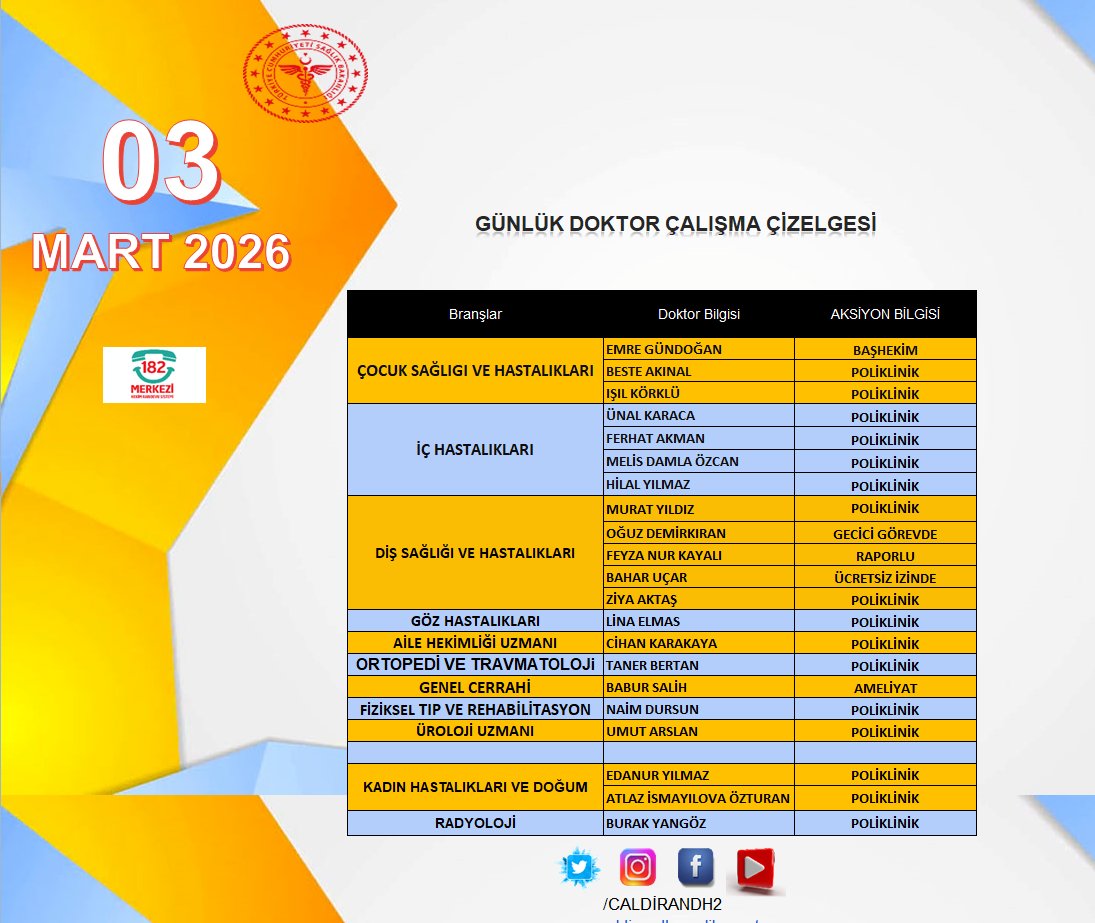 Mobil , Web ve 182 Randevu hattından istediğiniz Hekime anında randevu alabilirsiniz. Yayınlanan Poliklinik Listesi üzerinde Hastanemiz Yönetimi tarafından Acil Vaka, Hastalık vb. gibi nedenlerle mecburi değişiklikler yapılabilir
<a href="/vanilsaglik/">Van İl Sağlık Müdürlüğü</a>

<a href="/drmuhammedtosun/">Dr.Muhammed Tosun</a>