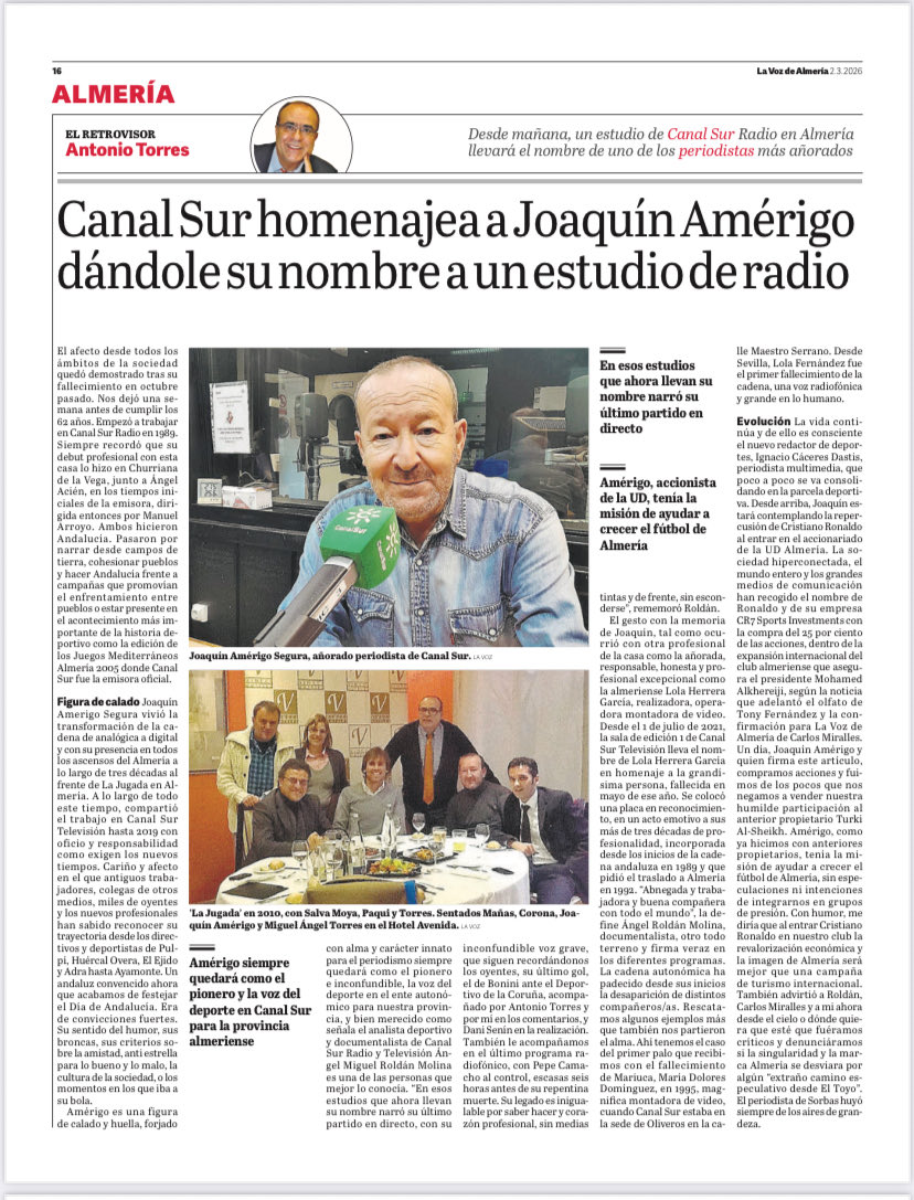 AP_APAlmeria's tweet photo. Nuestro asociado @AtorresAntonio publica en @lavozdealmeria el homenaje de @canalsuralmeria al periodista fallecido recientemente Joaquín Amérigo. https://t.co/vQyMeKAmHI