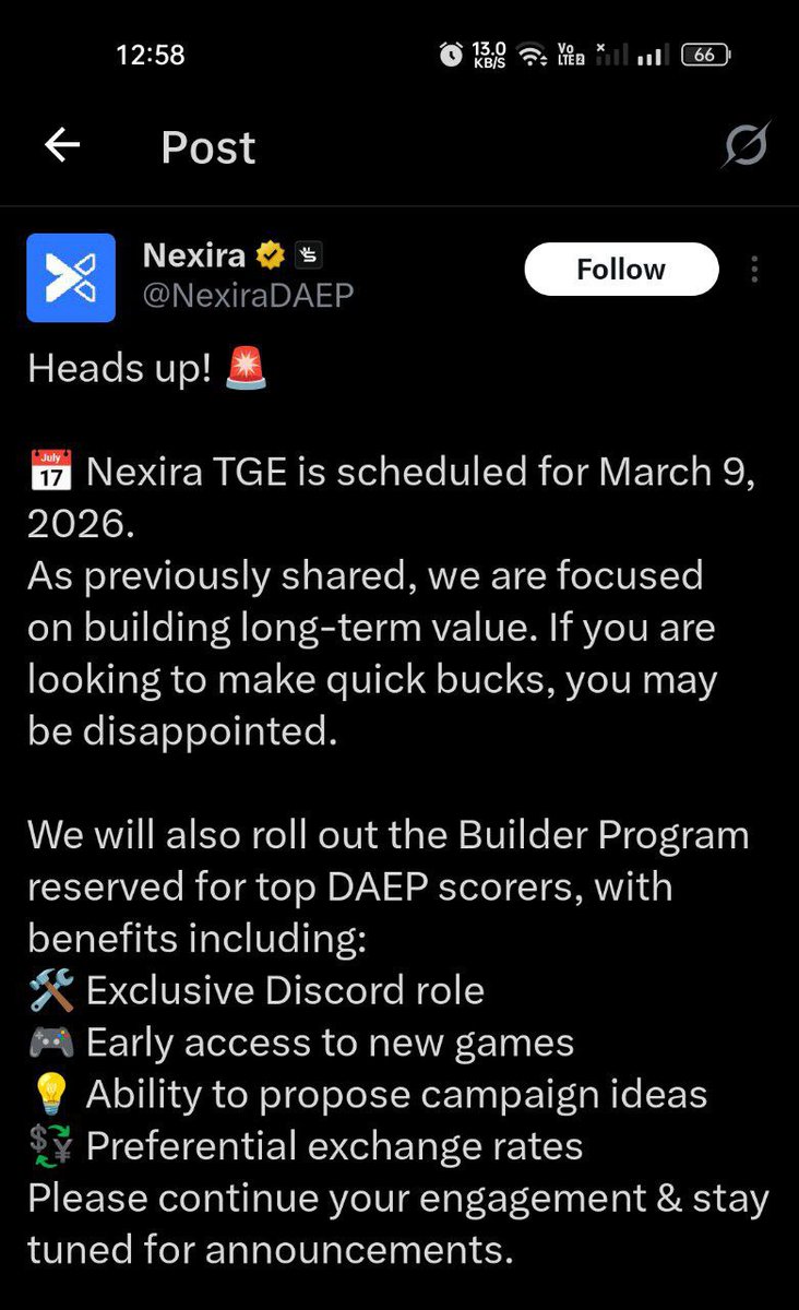 🚨 Heads Up!

🔥 Nexira TGE is officially set for March 9, 2026.

The team is building for long-term value  not quick flips. If you’re here for fast profits, this might not be your play.
💡 Builder Program coming soon for top DAEP scorers: 🔹 Exclusive Discord role
🎮 Early