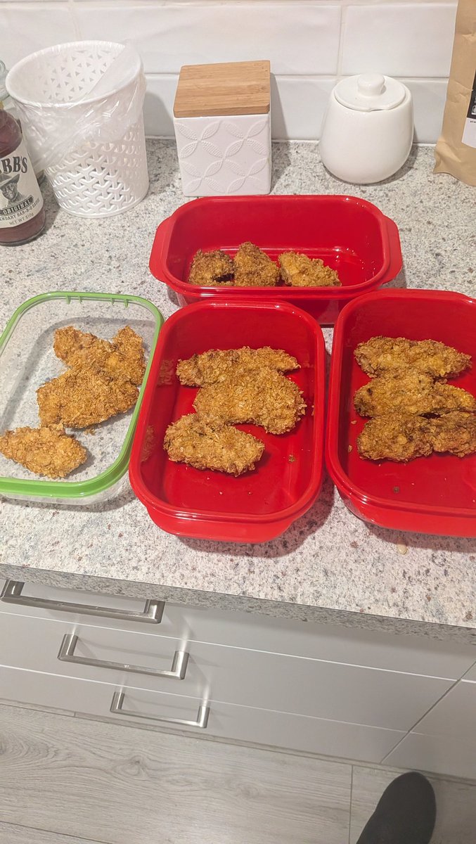 Meal prep done for 4 days. Corn flake coated tenders. Will add coleslaw and Bbq for lunch #mealprep