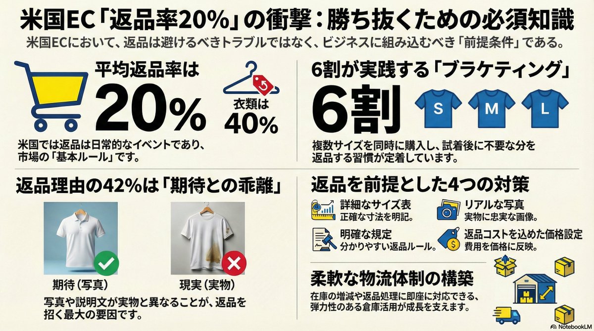 Cubework_JP's tweet photo. ご存知でしたか？

アメリカでは商品5個を売ると
平均1個が返品されます

これは商品に問題があるわけではありません
アメリカのEコマース市場のルールです

返品率が高い理由、3つにまとめました 👉
これを知ることで、アメリカ市場で
しっかりと足場を固めることができます

#アメリカEC #越境EC #海外倉庫 #物流管理
#ECセラー #返品管理 #アメリカ進出 #電子商取引
#ecommerce #usmarket #crossborder #returns #fulfillment