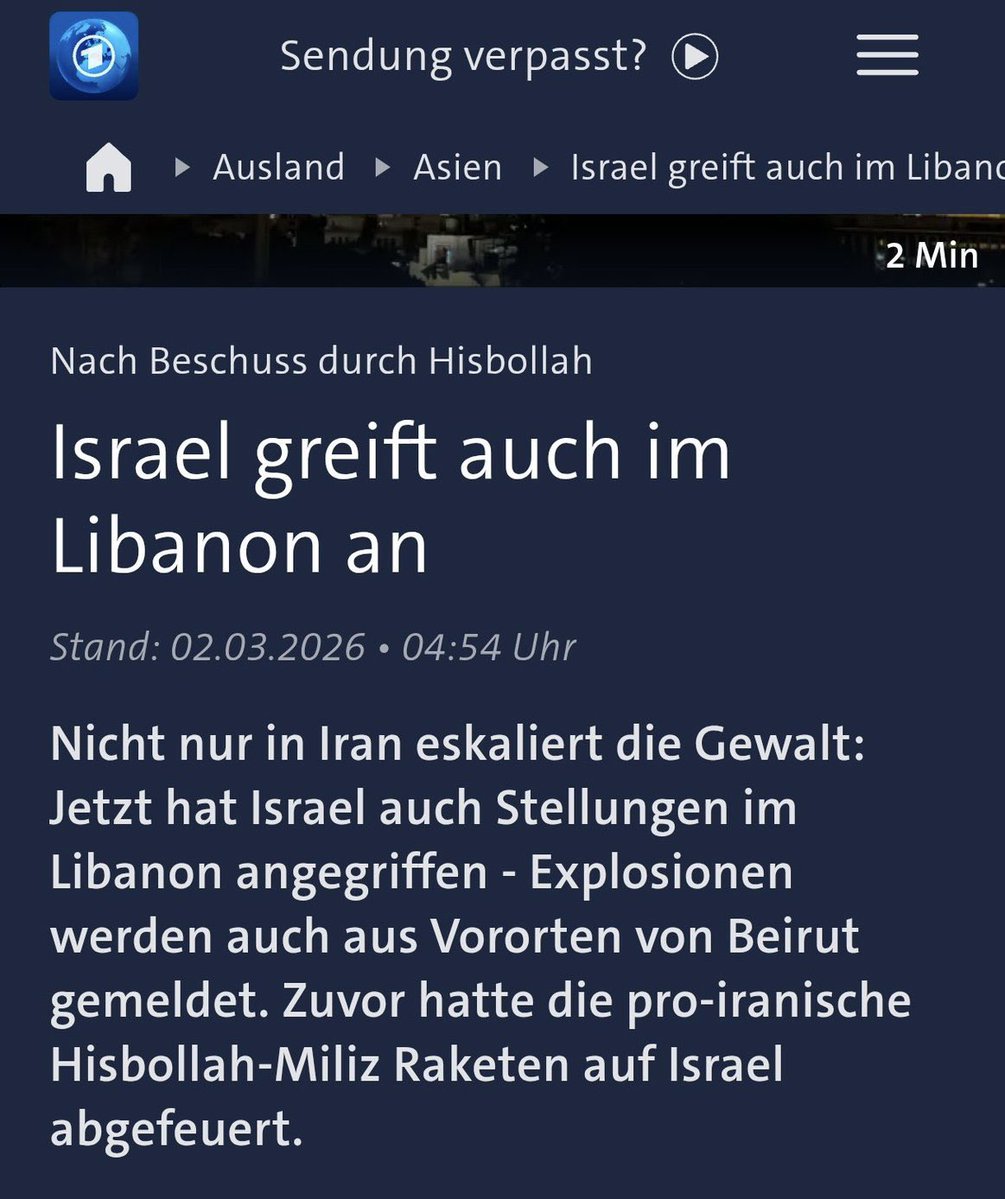 Warum stellt die Tagesschau die Realität in Nahost auf den Kopf?
Hisbollah hat gestern Israel beschossen. Israel hat auf den Beschuss mit Beschuss reagiert. Warum wird die Reaktion Israels gross-, und der Startschuss durch die Hisbollah-Terroristen klein geschrieben???