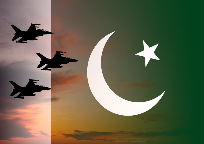 Barmakf's tweet photo. The second line of this beautiful Persian poem by Allama Iqbal appears on the Pakistani Air Force logo:
زد بانگ که شاهینم و کارم به زمین چیست
صحراست که دریاست ته بال و پر ماست

Translation of both lines:

1- He cried out: I am a falcon, and the ground is not my concern.

2- The desert and the sea lie beneath my wings and feathers.