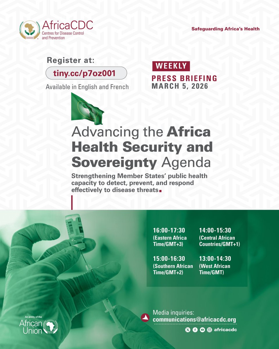 MedicalworldNig's tweet photo. Join us this Thursday for a briefing on health emergencies across the continent, highlighting key response priorities to strengthen regional health security.

📅 Date: Thursday, 5 March 2026
🕓 Time:
* 16:00 | EAT (GMT+3)
* 15:00 | SAST (GMT+2)
* 14:00 | CAT (GMT+1)
* 13:00 | WAT (GMT)

🔗 Register to participate: https://t.co/yt9jbp4eGK…