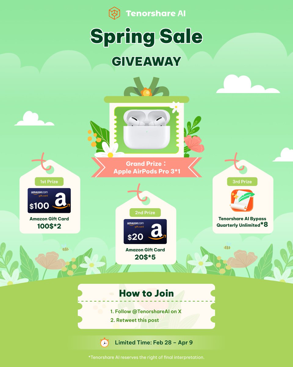 🌸 Spring is HERE &amp; so is our BIGGEST Giveaway! 🎁✨
Get ready to win amazing prizes with Tenorshare AI Bypass! 🚀
🏆 Grand Prize: Apple AirPods Pro 3 (1 Winner)
🥇 1st Prize: $100 Amazon Gift Card (2 Winners)
🥈 2nd Prize: $20 Amazon Gift Card (5 Winners)
🥉 3rd Prize: