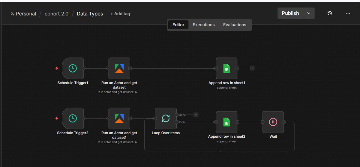 Nextgenauto_ai's tweet photo. We didn’t just connect nodes.
We interacted with a real API inside n8n live training. 🚀
During our NextGen Academy Data Types session, we built this workflow from scratch:

✅ Schedule Trigger
✅ Call an API using Apify (Run Actor → Get Dataset)
✅ Retrieve structured JSON data
✅ Loop through each item properly
✅ Map correct data types (string, number, boolean)
✅ Append clean rows into Google Sheets

This is where most people get stuck:
Not understanding how APIs return data
Confusing arrays vs objects
Mishandling numbers as strings
Appending broken rows into Sheets
We used Apify inside n8n to:
• Trigger an actor
• Wait for dataset completion
• Fetch the structured output
• Transform it correctly before writing to Sheets

Automation isn’t about “drag and drop”.
It’s about understanding:
→ How APIs respond
→ How data is structured
→ How to process it correctly
This is how we train at NextGen Academy.

If you’ve been watching from the sidelines, this is your sign. Cohort 3.0 starts April 25th Join the waitlist here:
https://t.co/QaZC99sVhO