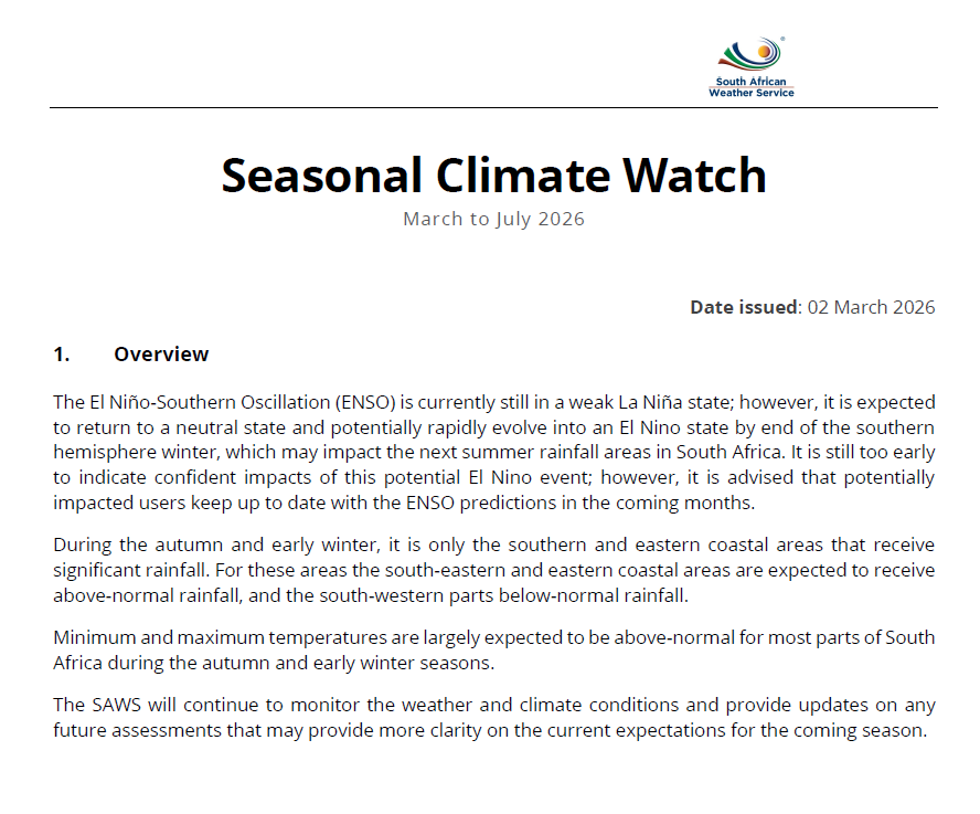 WandileSihlobo's tweet photo. The South African Weather Service just released a note, underscoring the point we made earlier.

Here is what we said:

We are at the tail-end of the 2025-026 La Niña rain period. From April 2026, the weather is likely to return to normal. In Southern Africa, this will be a typical drier period as we approach the winter season.

The La Niña rains during the summer season have helped support crop production. Early crop estimates point to a better harvest for the 2025-26 season. For example, South Africa’s 2025-26 maize production estimate is 16.13 million tonnes, down 3% from the previous season but well above the long-term average production.

Importantly, this expected harvest is well above South Africa’s annual maize usage of 12.0 million tonnes. The crop is now at the pollination stage in various regions of the country, and these regions will continue to benefit from the rains.

But from the end of March 2026 onwards, the ideal weather conditions are warm and dry, which will support the crop’s maturation and ensure robust quality.

While it is still early to take a firm view, the early prospects suggest that in the next 2026-27 summer crop season, which starts in October 2026, we may transition into an El Niño season.

If this becomes a reality, we may have a tough season ahead after a few years of favourable weather conditions. Again, this is still very early; we will likely have a clearer view of this possibility around July 2026.

For now, what remains comforting is that weather conditions are favourable for the current 2025-26 season, and the rain may ease at the end of this month, permitting better crop maturation.

-wandile