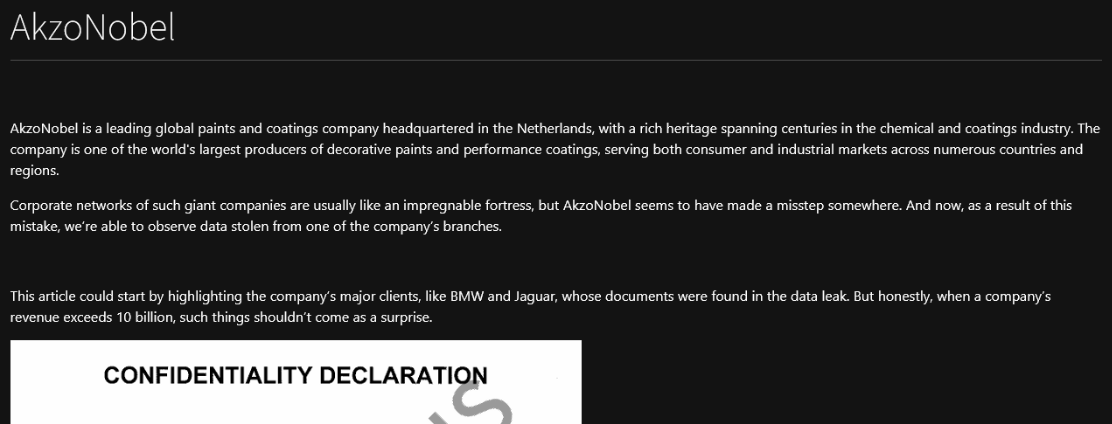 🚨Cyber Alert ‼️

🇳🇱Netherlands - 𝗔𝗸𝘇𝗼𝗡𝗼𝗯𝗲𝗹

Anubis hacking group claims to have breached AkzoNobel. 
Samples have been provided

Threat actor: Anubis
Sector: Manufacturing
Data exposure (claimed): 170 GB
Data type: PII | incidents reports | confidential documents |