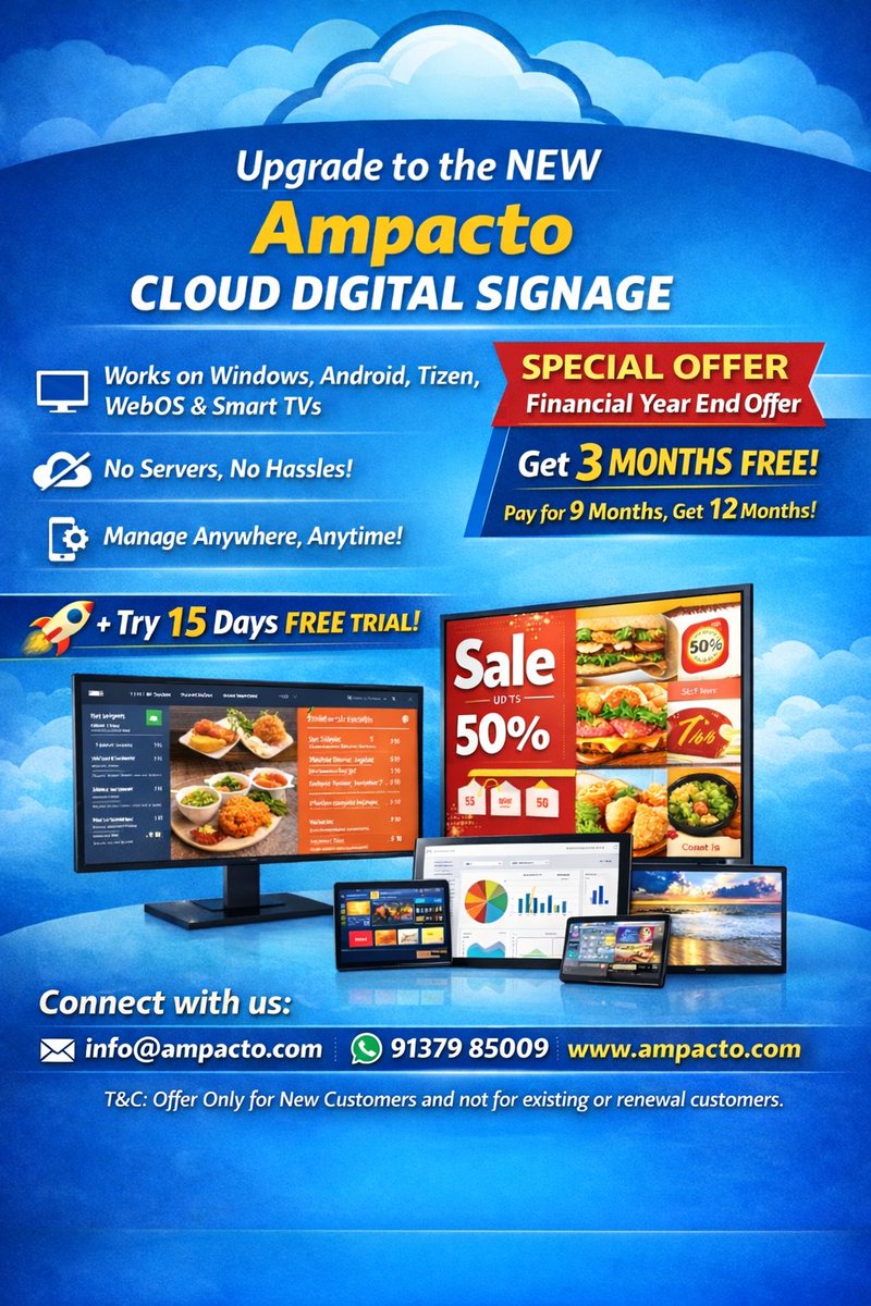 JarmaTech's tweet photo. Convert any Smart TV into digital signage with Ampacto Cloud ☁️📺
🎁 Sp. Offer: 3 Months FREE on 12-month subscription
Pay 9 months, use 12 months (TnC Apply)
🎯 + FREE 15-day trial
🌐 https://t.co/doWT5kSZFe
📩 info@ampacto.com

#DigitalSignage #SmartTV #Cloud https://t.co/V49BDsROv3