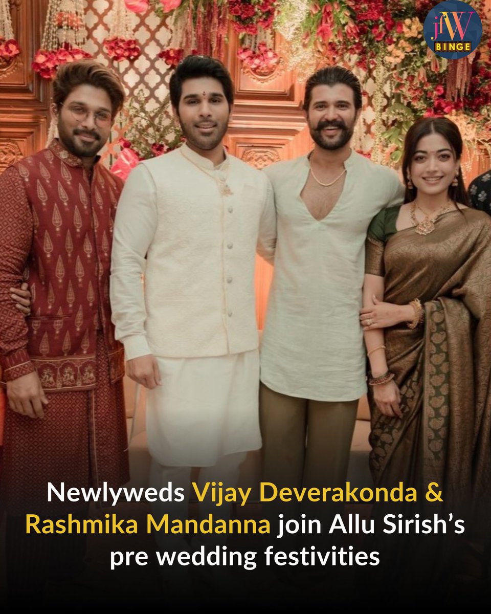 jfwdigital's tweet image. Newlyweds Vijay Devarakonda &amp;amp; Rashmika Mandana join Allu Sirish' pre wedding festivities.

#vijaydevarakonda #rashmikamandanna #virosh #jfwbinge