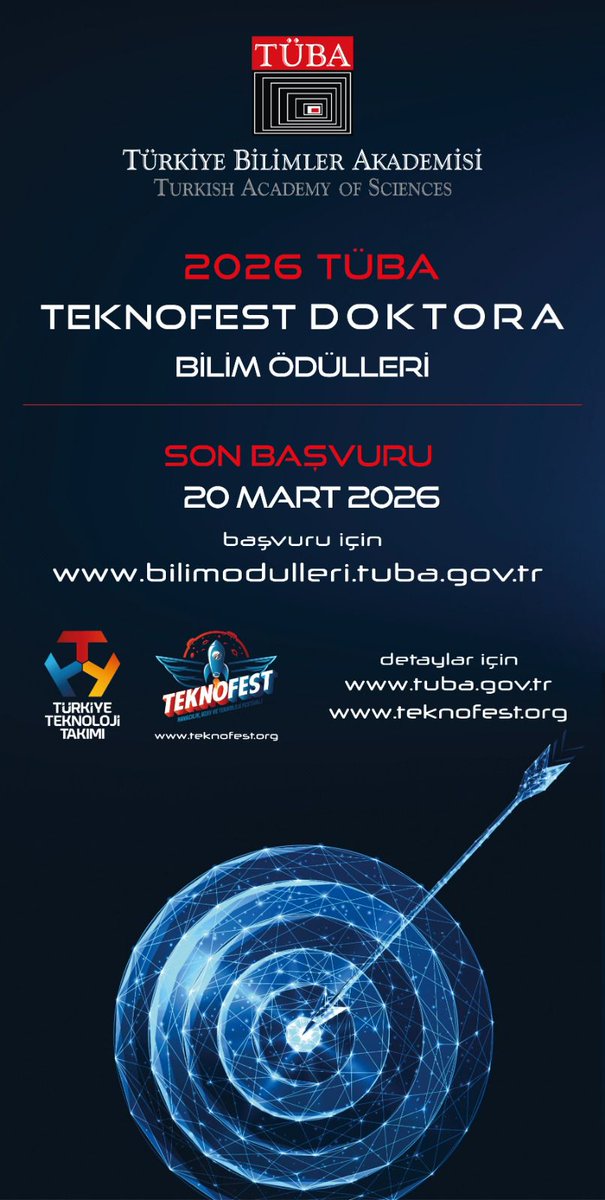 🚀 TÜBA-TEKNOFEST 2026 Doktora Bilim Ödülleri

Türkiye Bilimler Akademisi (TÜBA) ve TEKNOFEST iş birliğiyle yürütülen TÜBA-TEKNOFEST Doktora Bilim Ödülleri için başvuru süreci devam ediyor. 🎓🔬

🗓️ Son başvuru tarihi: 20 Mart 2026
🎯 Başvuru adresi: bilimodulleri.tuba.gov.tr
🔎