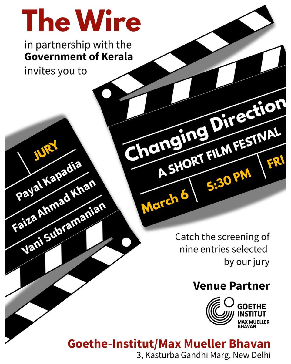 thewire_in's tweet photo. 📢We are hosting The Wire's #ChangingDirection Short Film Festival in partnership with @iprdkerala. 

Catch the screening of all nine entries selected by our jury - Payal Kapadia, Faiza Ahmad Khan and Vani Subramanian

🎟️: https://t.co/859dCSPkGU 

📅Friday, March 6 |🕠5.30 PM https://t.co/Mo4eIv95qY