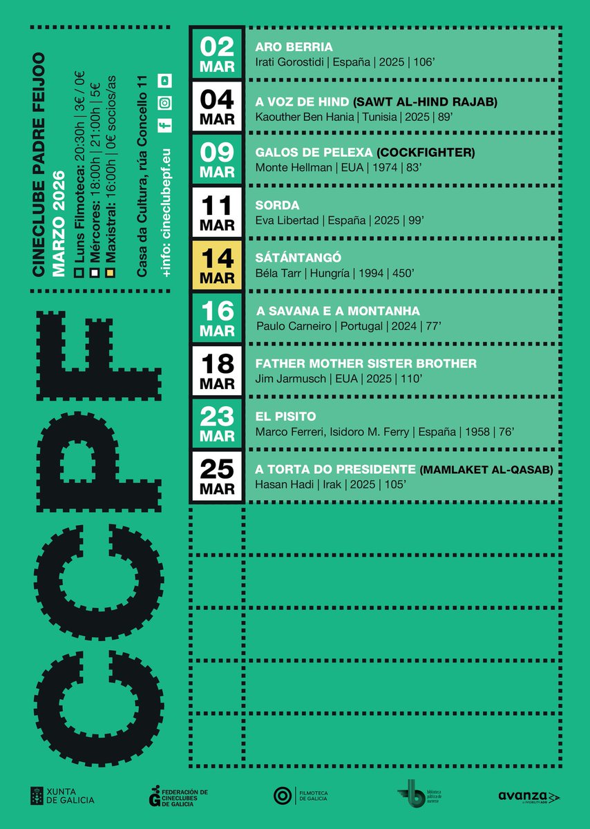 ahmedbastida's tweet photo. Programa de Marzo 2026 no Cineclube Padre Feijoo. Toda a información, en https://t.co/7UmZqmvviI https://t.co/vncnNSRhmv