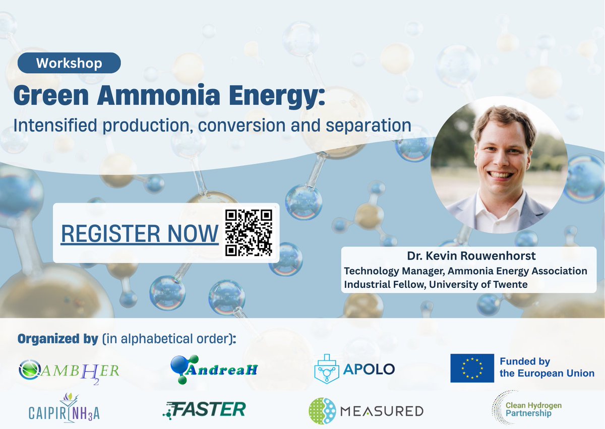 CAIPIRINH3A's tweet photo. 🌱⚡️ Join us on 1st April for a free technical workshop on Green Ammonia Energy: intensified production, conversion and separation, co-organised by six EU-funded projects: #AMBHER (@1cubebv), #ANDREAH, #APOLO, @CAIPIRINH3A, #FASTER and
@measuredproject.
🌟 Welcome our guest speaker👨💼 Kevin Rouwenhorst, Technology Manager at the Ammonia Energy Association and Industrial Fellow at the University of Twente. He is lead author of IRENA’s Innovation Outlook: Renewable Ammonia and author of Low-emission Ammonia Production and Utilization (2026).
⚠️The seats are limited, register now!
https://t.co/bKYGeAEXNm
Stay tuned for more updates! 🌍
#HorizonEU #event #workshop #GreenAmmonia #combustion
