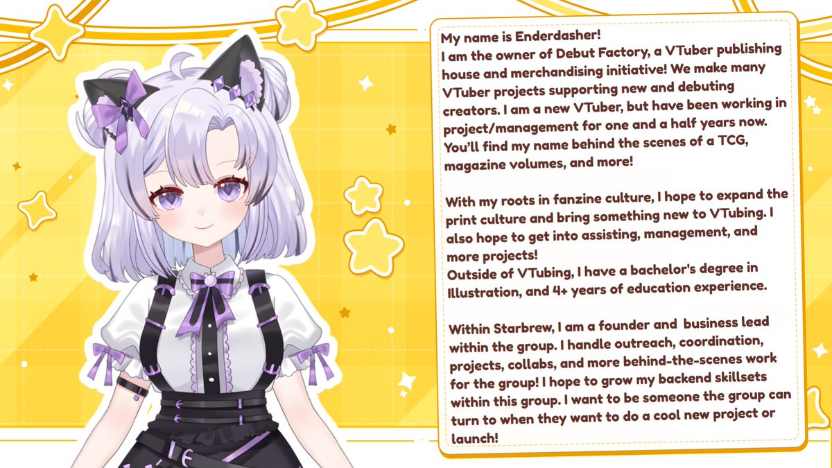 TeamStarbrew's tweet image. Meet one of StarBrew's Founders! ✨

@MxEnderdasher - Publishing, project management, VTuber initiatives and now helping build something bigger!

#IndieVTuber | #VTuberGroup