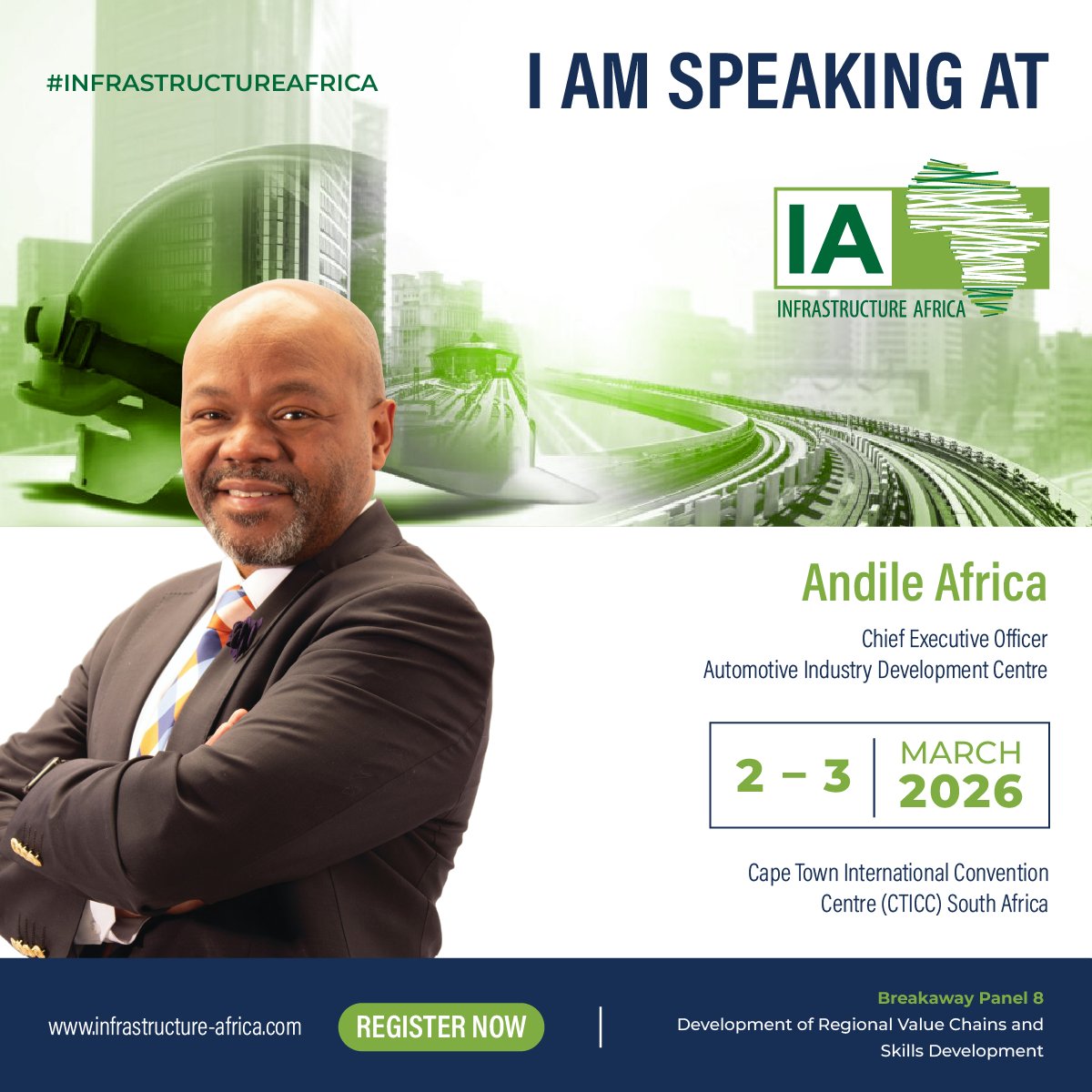 AIDCgauteng's tweet photo. Infrastructure Africa kicks off today at CTICC.
CEO Andile Africa joins the dialogue on strengthening regional value chains, a priority AIDC advances through the Automotive Supplier Park, driving supplier development, localisation and integrated manufacturing ecosystems. https://t.co/j3QlTyHZiI