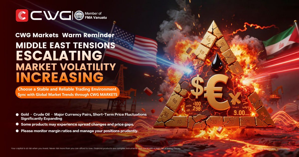 MarketsCwg's tweet photo. ⚠️ CWG Markets Reminder: Middle East tensions are spiking market volatility. Gold, crude oil, and forex pairs see sharp swings. Choose a stable trading environment, monitor margins, and trade prudently.

#CWGMarkets #MarketVolatility #Gold #CrudeOil #Forex https://t.co/CAXQruPEra