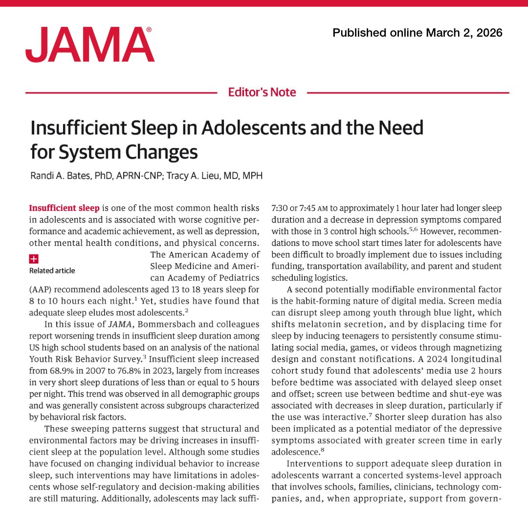 JAMA_current's tweet photo. 💬 Editor's Note: #Adolescents face increasing rates of insufficient sleep, driven by early school start times and digital media use, undermining cognitive and mental health. 

https://t.co/T0nV9dHnoh https://t.co/tsHApER84A