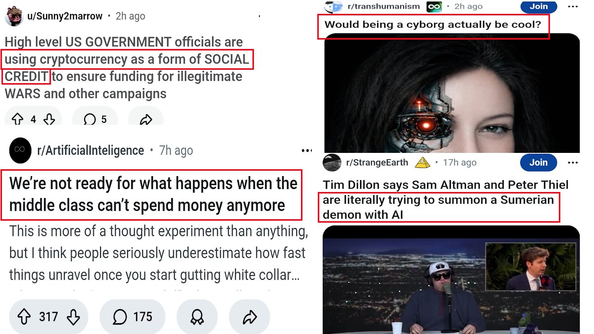 OculumLabs's tweet photo. these Reddit headlines read like what our Intel Drops have predicted and warned about weeks, months &amp; years in advance.

it's just incredible to witness it all coming to pass.

Intel Drops here: https://t.co/iCPccMx7ud

#openai #wef #agenda2030 #trump #ai https://t.co/gDDIpfjbq7