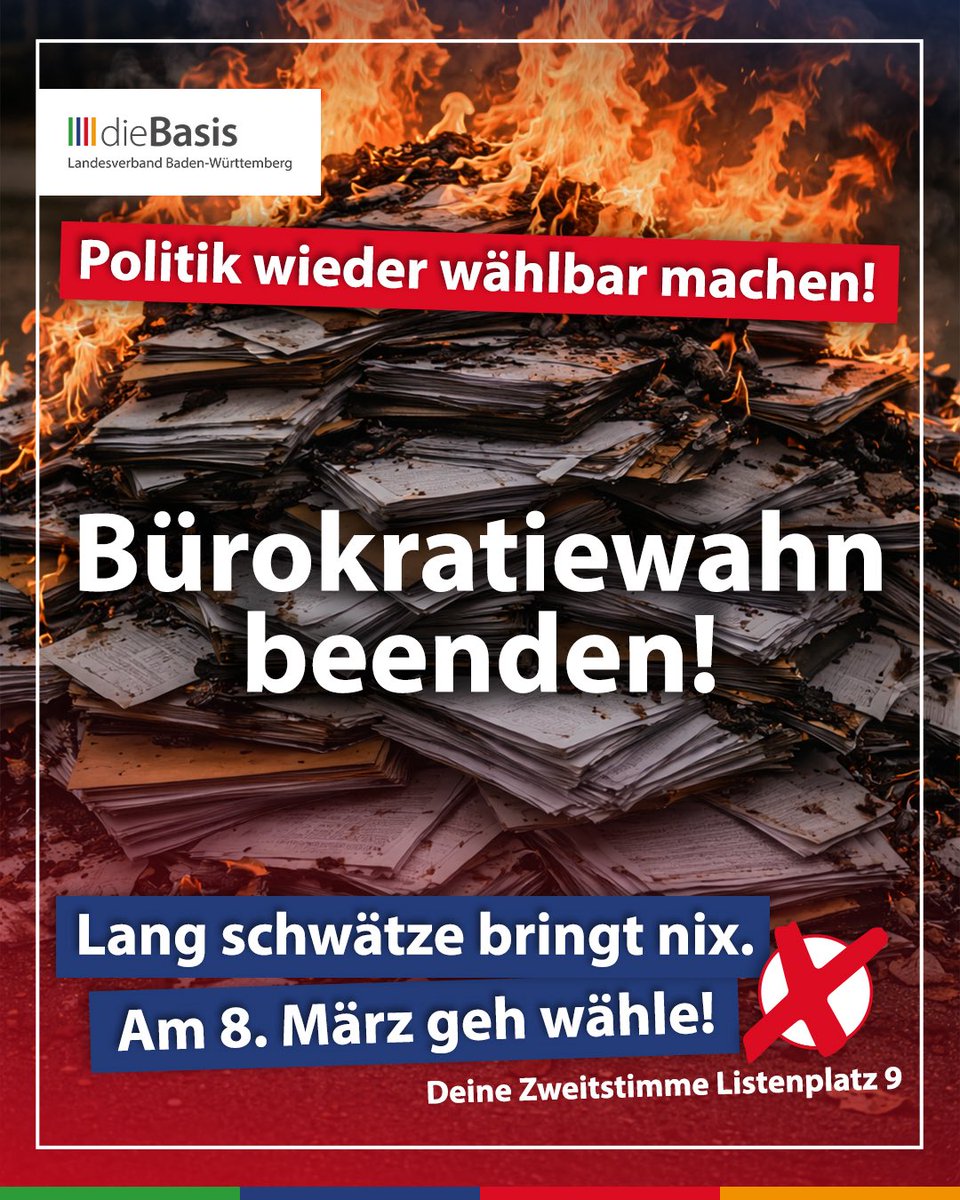 dieBasis_BW's tweet photo. Formulare, Vorschriften und Auflagen lähmen unser Land.

Bürger und Unternehmen brauchen Lösungen statt Hürden.

Der Staat muss wieder dienen, nicht blockieren.

Wir machen Politik wieder wählbar, indem wir dir auch nach der Wahl eine Stimme geben, denn auch du bist Baden-Württemberg 💚💙❤️💛

Am 08.03. geht es um mehr als ein Kreuz. Es geht darum, dass deine Stimme wieder gehört wird.

#bürokratieabbau #wirtschaft #mittelstand #badenwürttemberg #ltwbw #ltwbw26