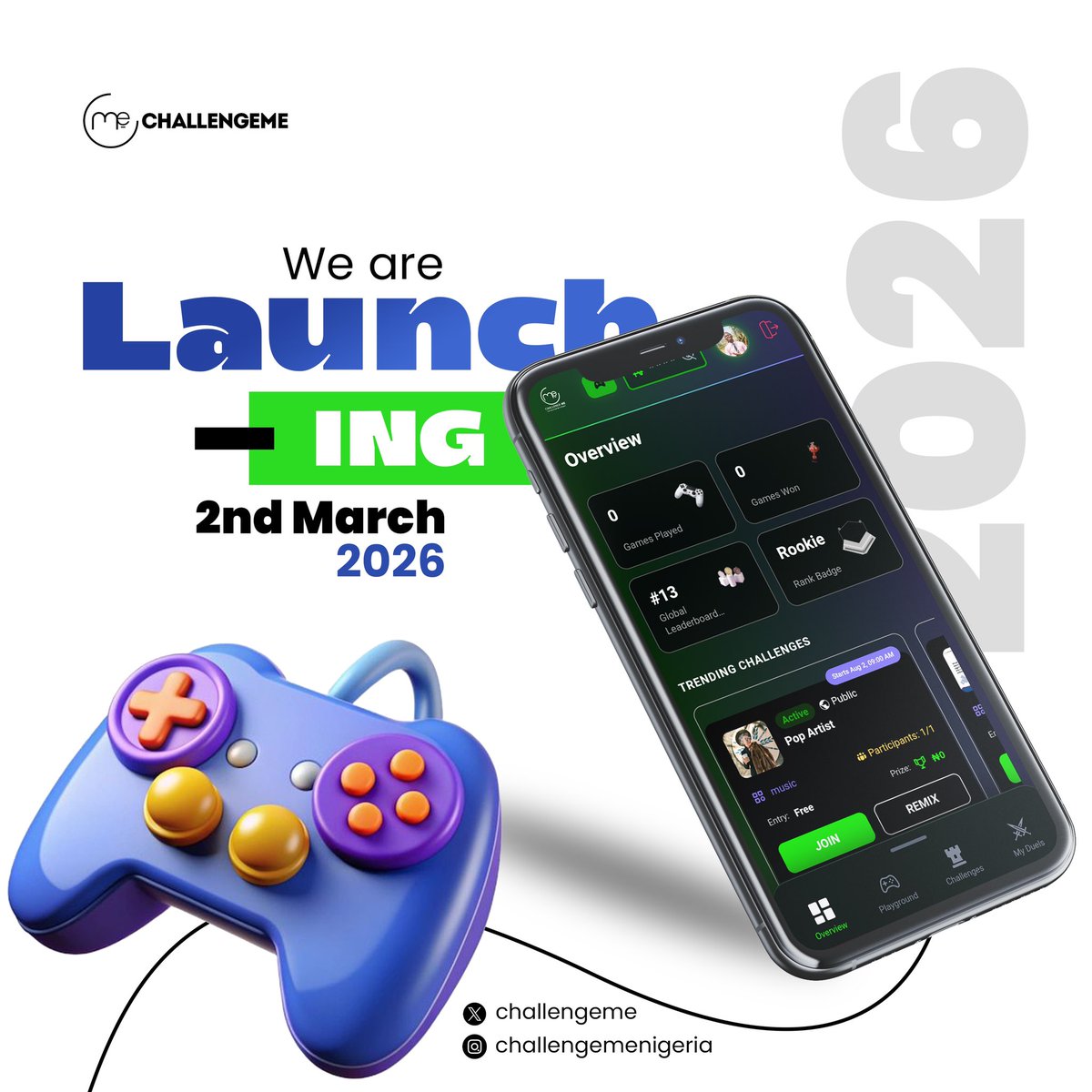The countdown is OVER! 🚀🔥

We’re officially launching on **2nd March 2026** 
Trending challenges are LIVE ✅
Free entry. Real competition. Real bragging rights.

#ChallengeMe #ChallengeMeNigeria #GameOn #TrendingChallenges  #CompetitionTime