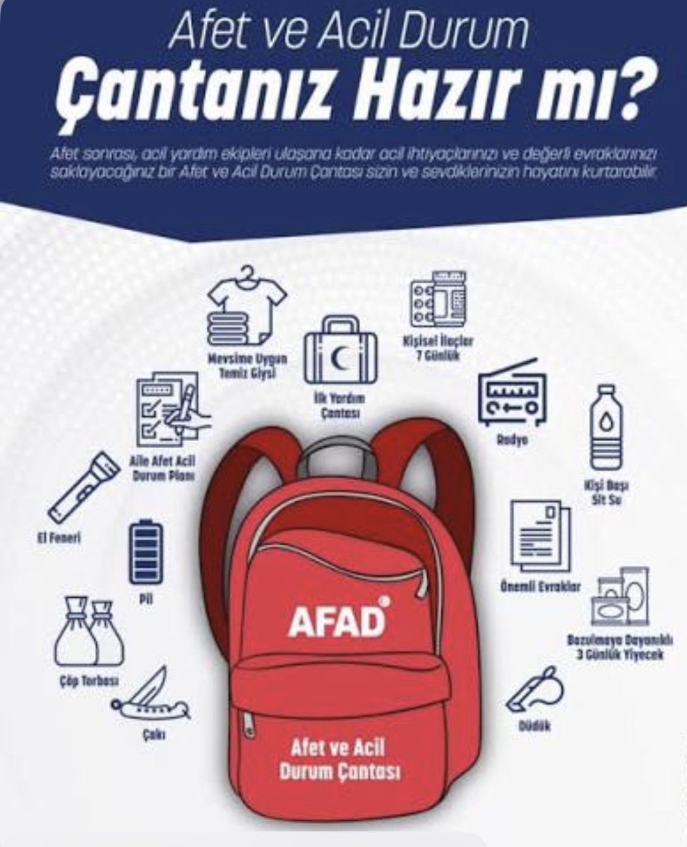 DepremDairesi's tweet photo. 📌 1-7 Mart #DepremHaftası

🔹 Afet Çantası

Bir gün değil, her gün hazır ol.

Deprem çantan hazır mı?

✔ Su
✔ Gıda
✔ El feneri
✔ Powerbank
      ……

Unutma: İlk 72 saat hayati öneme sahiptir. https://t.co/dJmk7P0qka