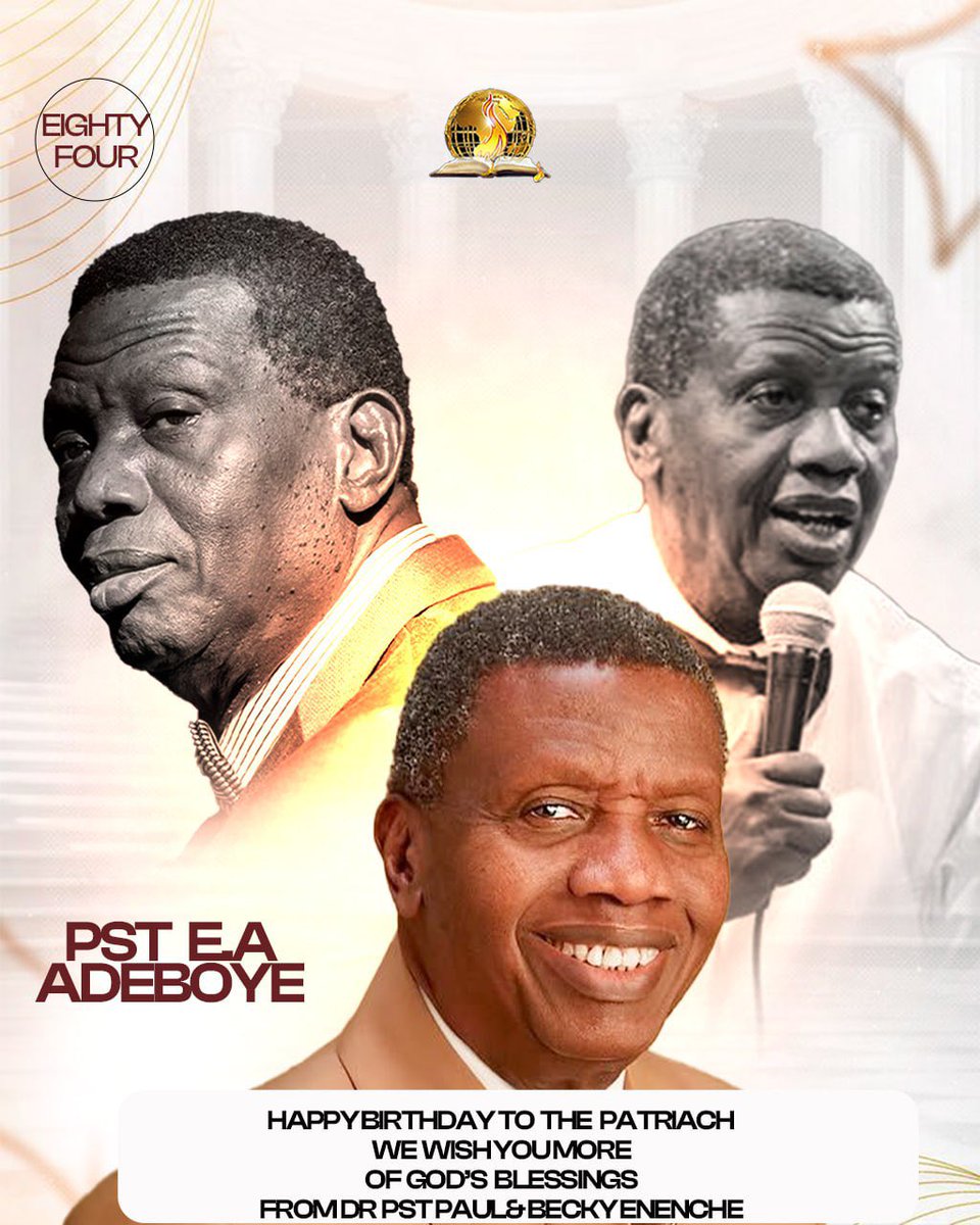 HAPPY BIRTHDAY TO OUR BELOVED PATRIARCH 🎉🎂

Today, we celebrate a general in God’s army, and a living testament of grace <a href="/PastorEAAdeboye/">Pastor Adeboye</a> 

Your life has remained a beacon of humility, discipline, and unwavering devotion to the Kingdom. Through decades of faithful service, God
