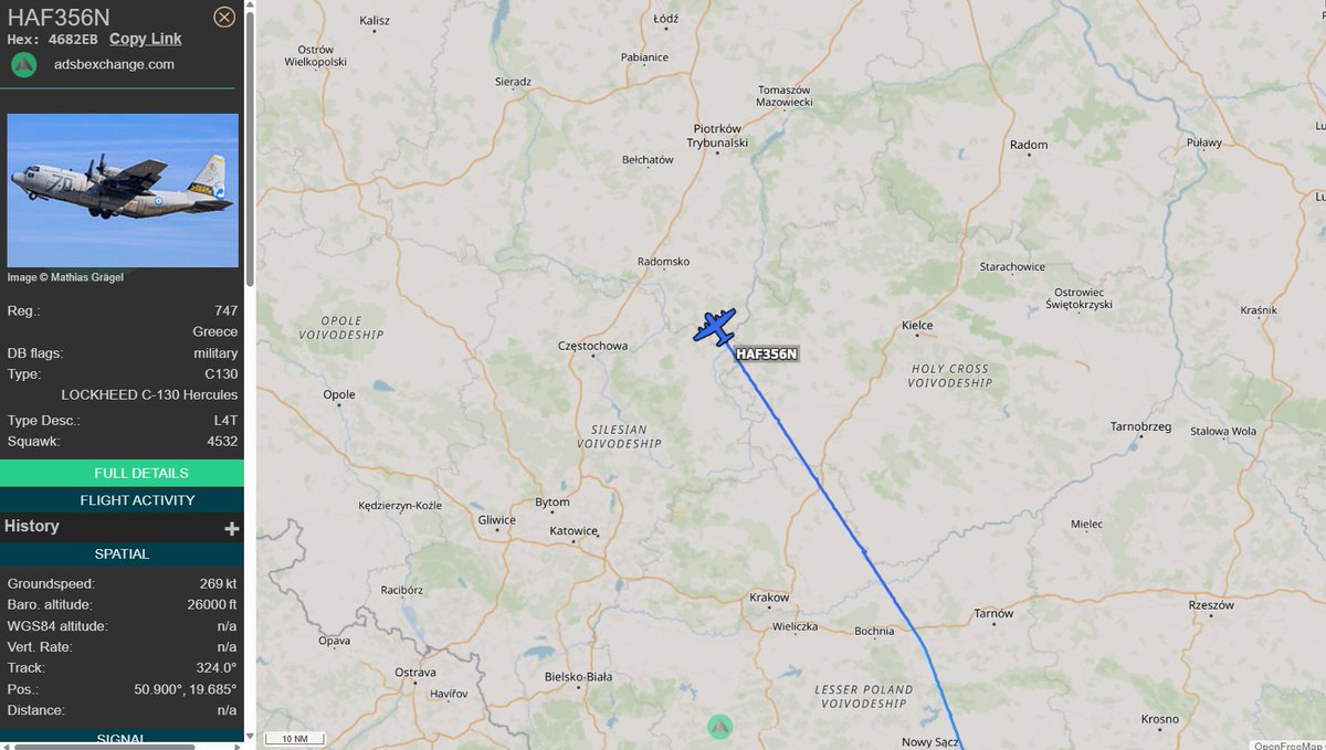 PolishMilRadar's tweet photo. 📅 02.03 🕒 09:35LT - 🇬🇷✈️ Hercules tranzytem 🇳🇴
🇬🇷 Greckie Siły Powietrzne
✈️ Lockheed C-130H Hercules "747"
🛫 Baza Lotnicza Elefsis #LGEL 🇬🇷
🛬 Oslo Gardermoen #ENGM🇳🇴
#HAF356N leci na FL260
🔗 https://t.co/qvFlbn408d
#POLMILRADAR https://t.co/2pNa2r27lp