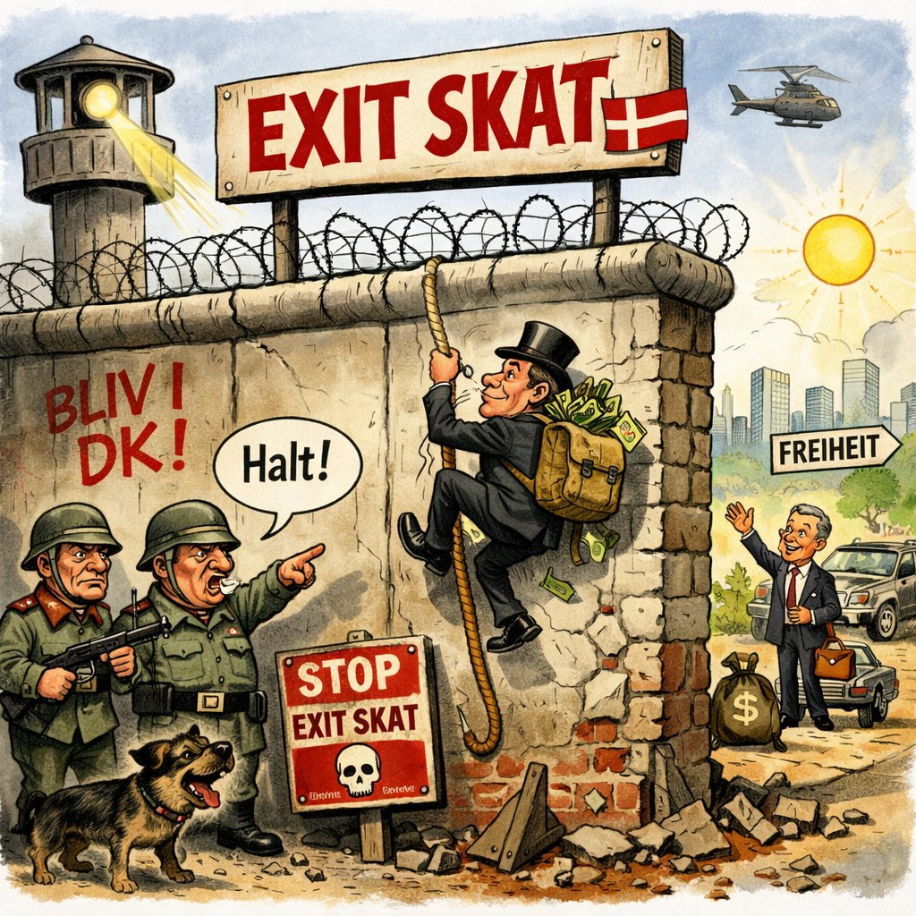 JonasHerby's tweet photo. EN DANSK BERLINMUR?
Danmark har allerede regler, der i praksis fungerer som en exitskat. Nu bruges de – og forslag om stramninger – som argument for, at en formueskat “godt kan fungere”, fordi de mest velhavende alligevel ikke kan flytte uden en skattemæssig regning.

Teknisk kan man godt konstruere sådanne værn. Spørgsmålet er ikke, om det kan lade sig gøre – men hvilke omkostninger det medfører.

For når argumentet bliver, at staten har “krav” på værdier, fordi den har finansieret uddannelse, sundhed mv., så "lugter" det af en tankegang, der historisk også har været brugt til at legitimere begrænsninger i borgeres mobilitet i fx DDR.

Det betyder ikke, at en exitskat under ingen omstændigheder kan forsvares. Men den institutionelle og normative “lugt” er en reel omkostning. Den påvirker incitamenter, retssikkerhedsopfattelse og Danmarks omdømme som retsstat.

Den omkostning bør indgå eksplicit i den politiske afvejning – på linje med de forventede skatteprovenu- og adfærdseffekter.