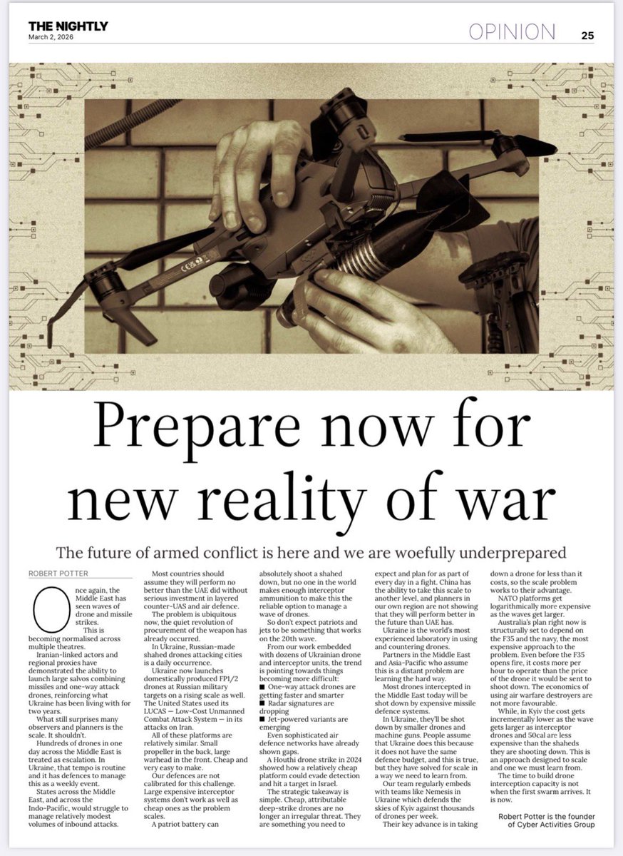 rpotter_9's tweet photo. Australia and its allies need to quickly learn from Ukraine. The future is here and we are not ready. https://t.co/e0ddoHn7wy