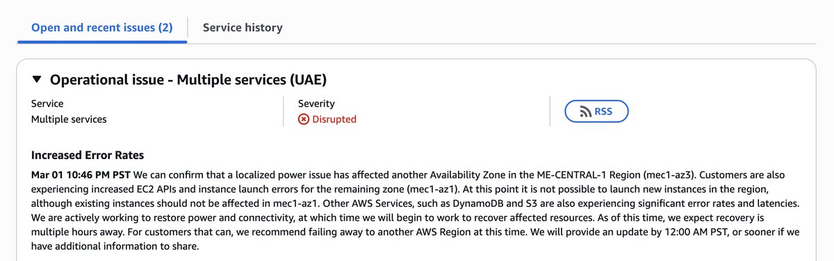 kernelhacker's tweet photo. From Iranian media
IRGC's Big Hunt in the UAE

Yesterday, #AWS data center in Dubai, United Arab Emirates, experienced fire and power outage. According to the company's official announcement, this incident occurred after 'unknown objects' hit the facilities.

From AWS status page https://t.co/JI9AF3vUtD
