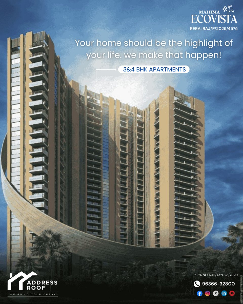 AddressRoof's tweet photo. 3 &amp; 4 BHK living at #MahimaEcovista — where luxury, comfort, and modern design come together to create your perfect home.

🏡 Your dream home is waiting — let Address Roof help you make it yours in Jaipur.

📞Call 96366 32800 Book your site visit today

#AddressRoof #3BHK #4BHK https://t.co/m9dlI2jtkw