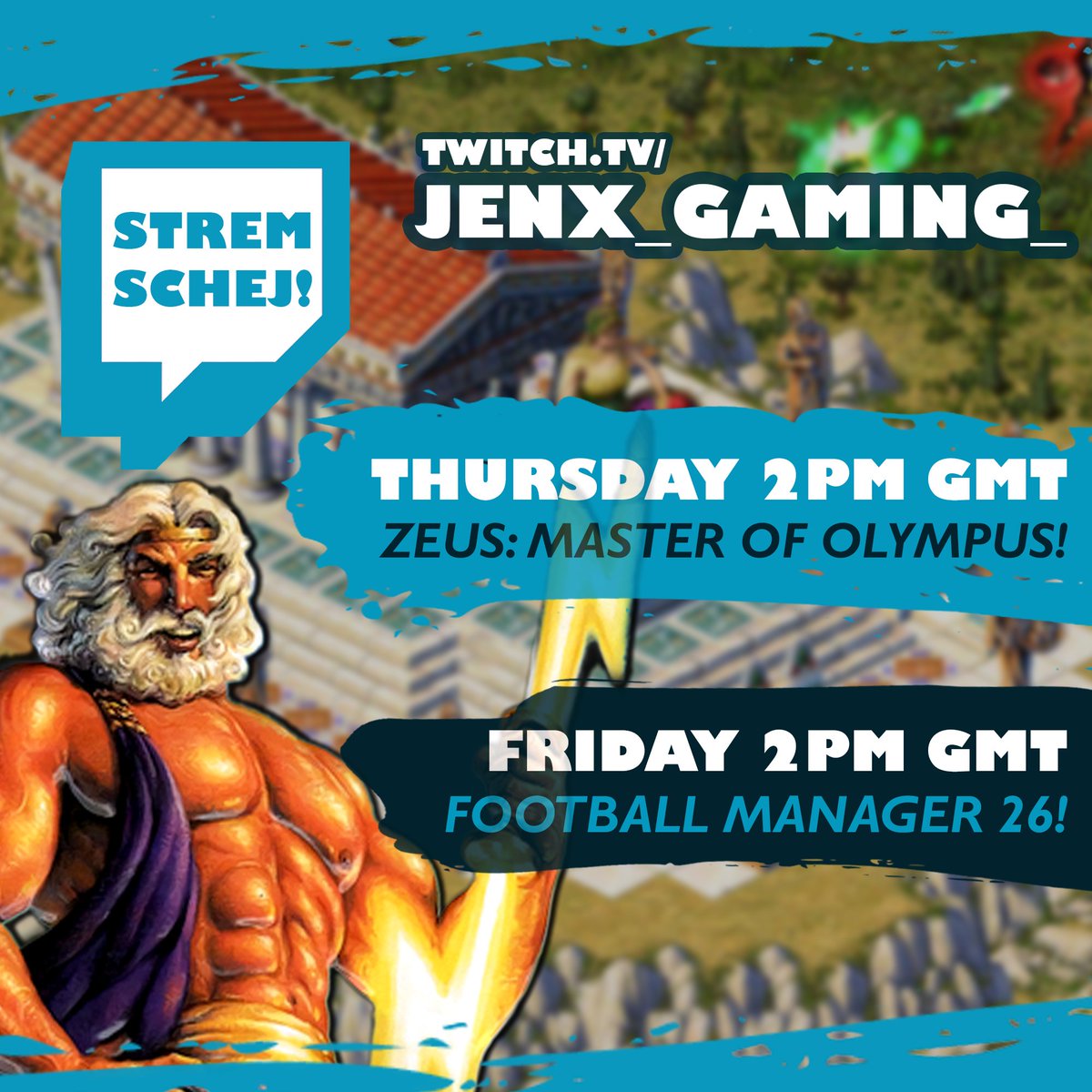 ⚡️STREAM.ZEUS⚡️

New game, new schedule pic, same old bs! 

Only 2 streams this week, but we're back being THE Master of Olympus with Zeus and pals on Thurs, followed by more overperforming Underscores on Friday, for a slightly earlier FM26!

Catch you there, Dorics 👇