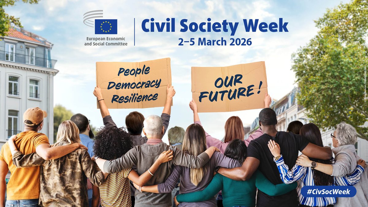 CSOGroupEESC's tweet photo. 🎉 #CivSocWeek 2026 is finally here!

Join us for four days of dialogue &amp; action as we explore together solutions on how to strengthen democracy, participation &amp; resilience, together with #EUCivilSociety

You can follow live, if you can't join in person
📺 https://t.co/LREEsDQixI https://t.co/lYfhGoYupS