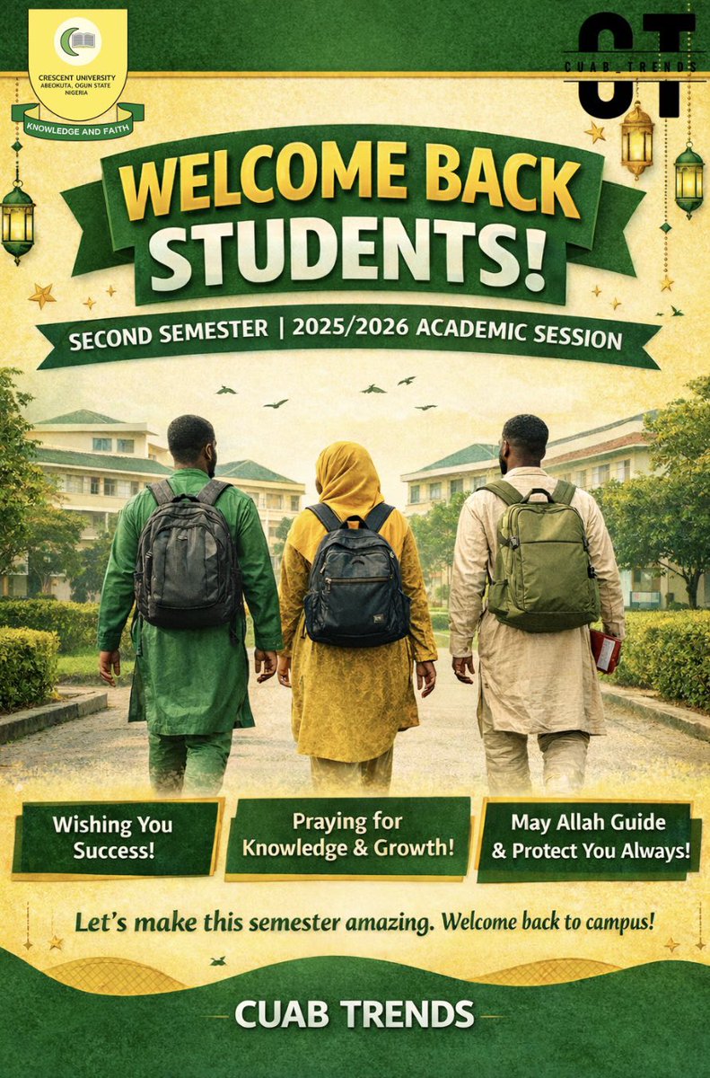 cuab_trends's tweet photo. Today, 2nd March 2026, officially marks the commencement of the Second Semester 2025/2026.
A true “semester of activities” Arewa Festival, departmental dinners, collaborations & more.
Wishing all students success and excellence ahead.
#welcomeback #secondsemester #cuab https://t.co/nXBcJjLBEv