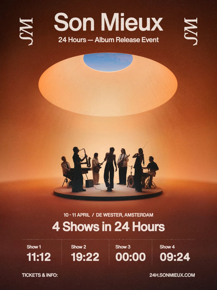 SonMieux's tweet photo. 24 Hours with Son Mieux. On our album release day, we creating an exclusive 24 hour event on April 10 in De Wester, Amsterdam. Four full album performances in one day. Tickets will go on sale this Friday 11:11AM CET on https://t.co/vahNUTJeL2 https://t.co/Ex4eX2LJA9