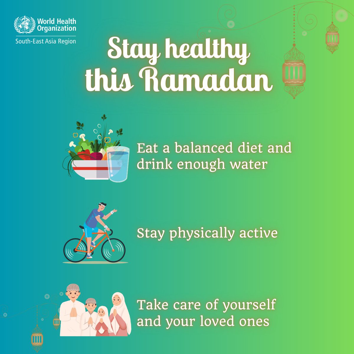 WHOSEARO's tweet image. If you’re observing #Ramadan, small healthy choices can make a big difference.
 
Eat balanced meals and drink enough water, stay physically active, and look out for your loved ones.
 
#HealthyLiving #StayActive #Wellbeing