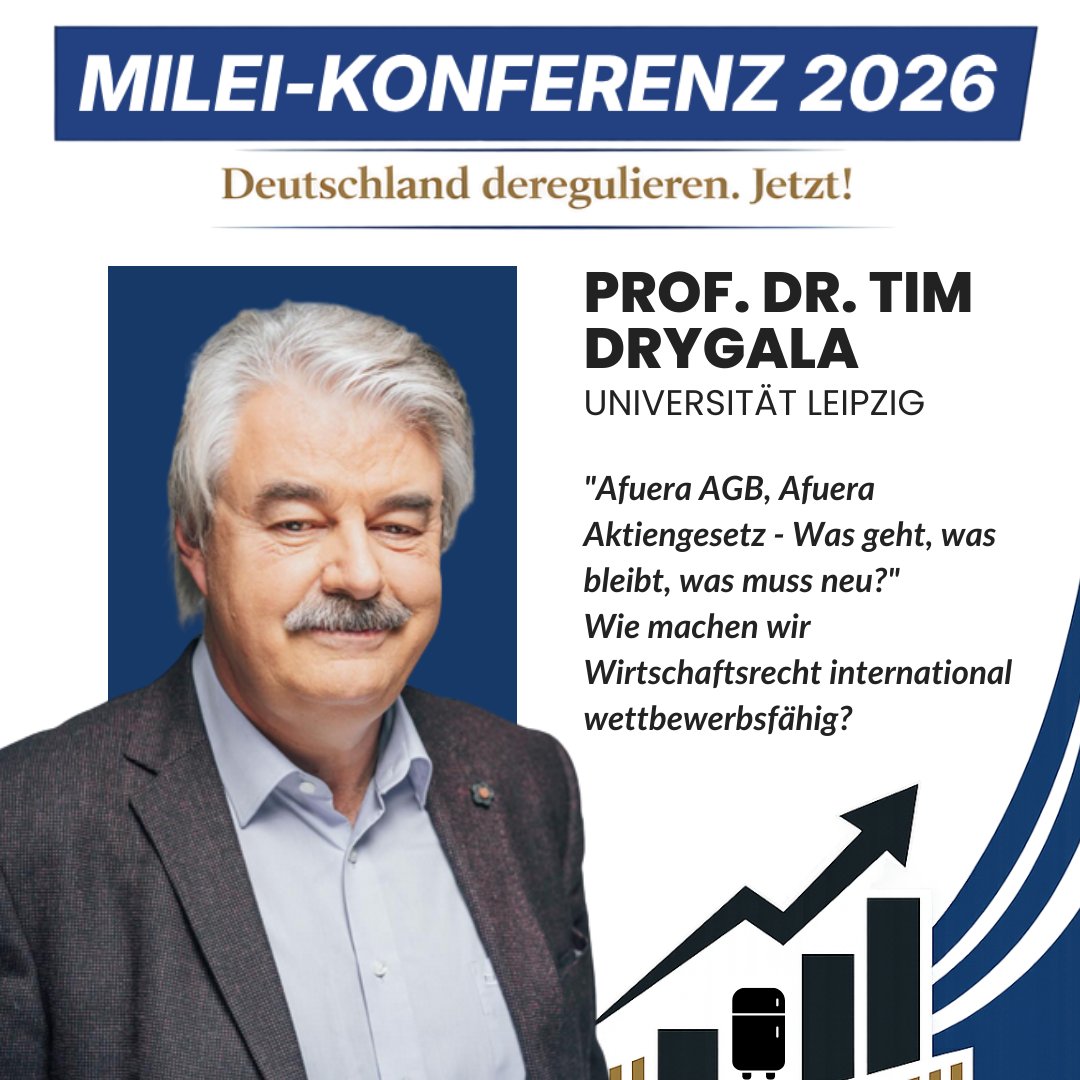 Komplexe Gesetze.
Langsame Verfahren.
Zu wenig unternehmerischer Spielraum.

🎤 <a href="/TDrygala/">Tim Freiheit</a>  (Universität Leipzig)
spricht darüber, warum modernes Wirtschaftsrecht Deregulierung braucht, damit Innovation und Investitionen wieder möglich werden.

Live auf der MILEI-Konferenz 2026.