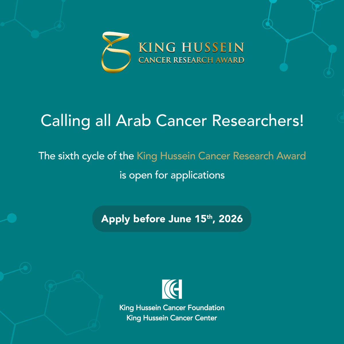 KHCFKHCC's tweet photo. Apply now to the King Hussein Cancer Research Award!

We encourage you to visit the Award website and explore our four categories.