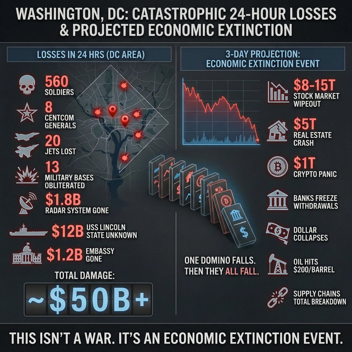 ⚠️ Washington, DC — losses in 24 hrs:

💀 560 soldiers
⭐ 8 CENTCOM generals
✈️ 12 F-25 jets
✈️ 8 F-14 jets
💥 13 military bases obliterated
📡 $1.8B radar detection system — obliterated
🚢 $12B USS Lincoln — state unknown
🏛️ $1.2B embassy — gone

Total damage in 24 hours: ~$50B+