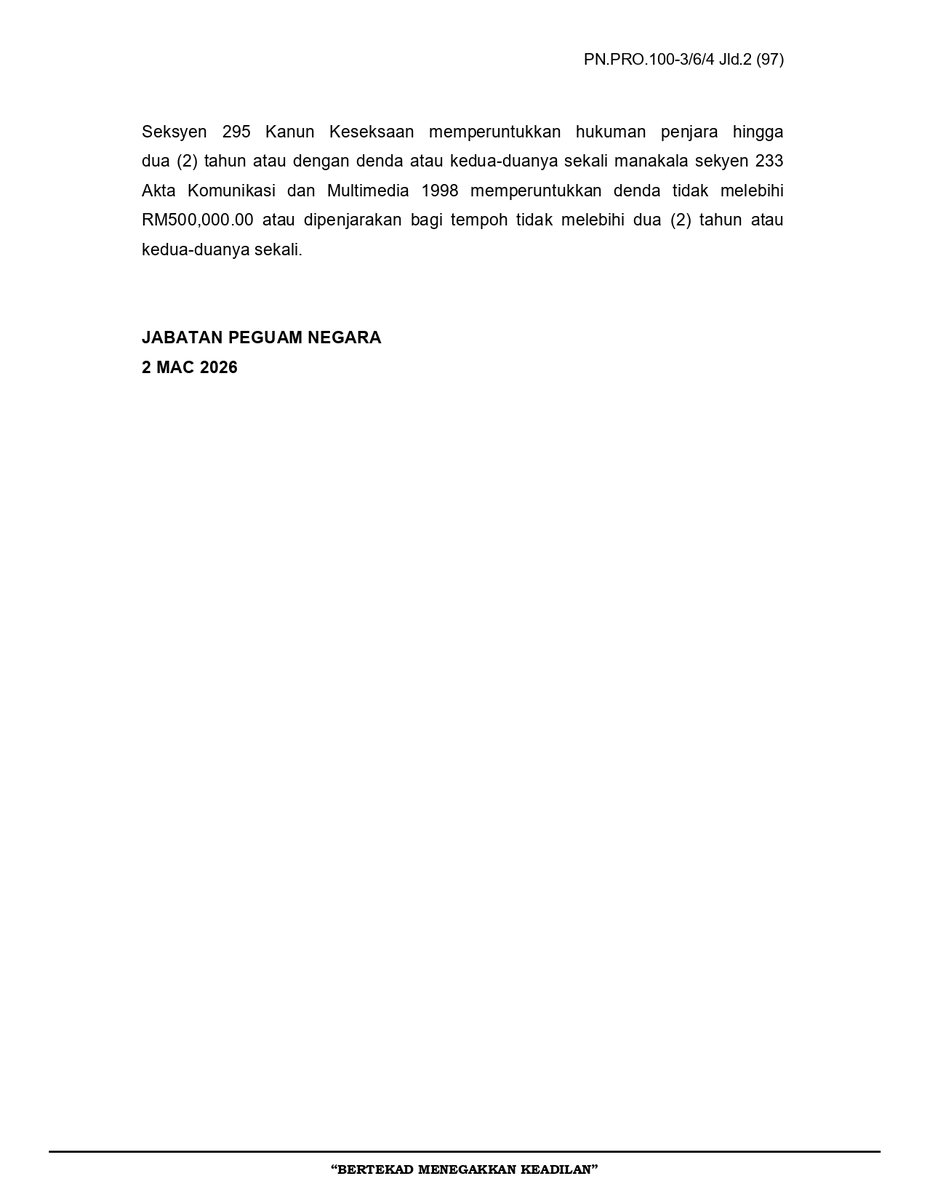 AGCPutrajaya's tweet photo. KENYATAAN MEDIA 2 MAC 2026 

TINDAKAN PENDAKWAAN BERKAIT KES MEMIJAK AL-QURAN DI KUANTAN, PAHANG

#TaatSetia
#MalaysiaMADANI
#AGCMADANI
#JabatanPeguamNegara
#MADANIBekerja https://t.co/LiHKxEJmsE